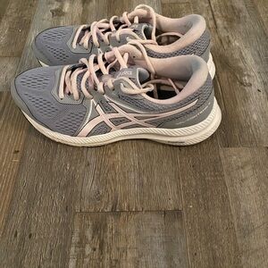 Grey and light pink ASICS shoes